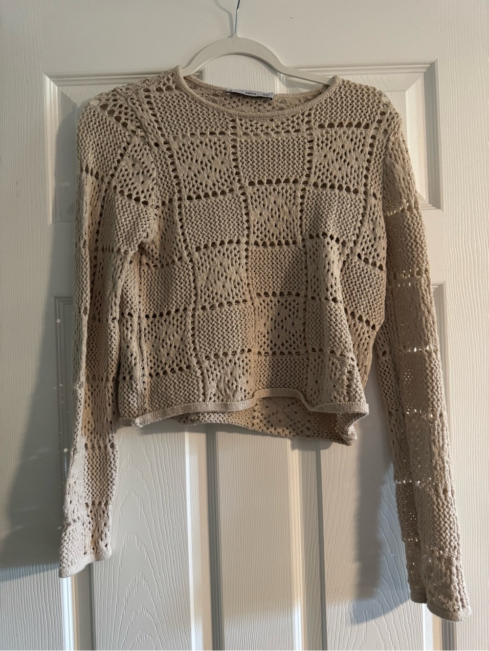 Mango Cream Open-Knit Scoop Neck Sweater